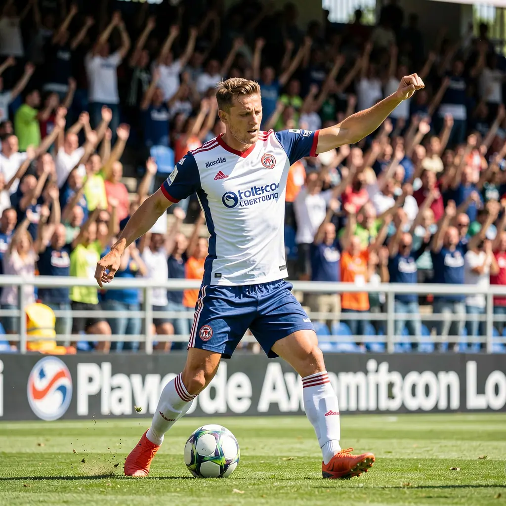 JK32my Bet – Place smart and fast sports bets in Malaysia Professional soccer player controlling the ball under pressure in a crowded stadium symbolizing high stakes JK32my sports betting in Malaysia