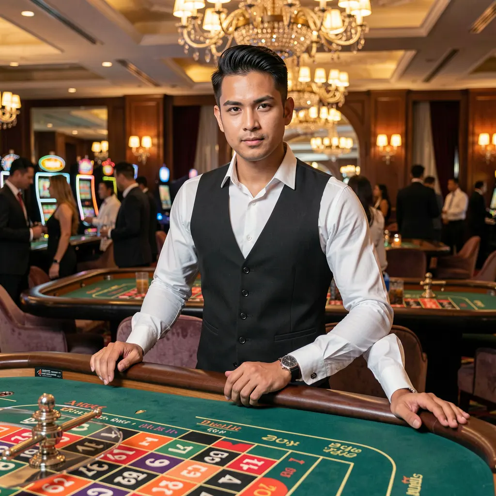 JK32my – Experience the elegance of live casino gaming in Malaysia Confident casino dealer standing at a glowing roulette table in a luxury casino atmosphere representing the premium live casino experience at JK32my for players in Malaysia