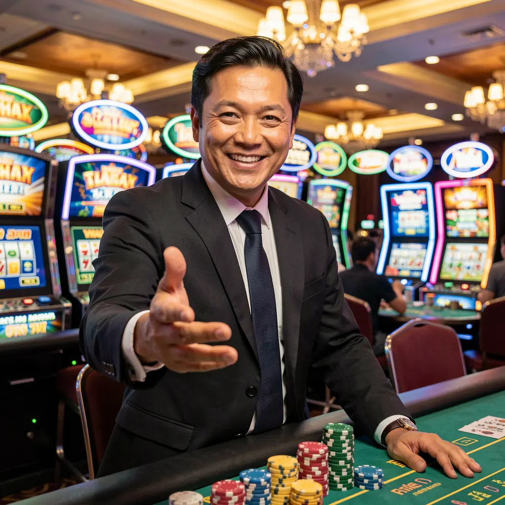Friendly JK32my casino dealer reaching out with a welcoming gesture surrounded by vibrant casino lights and chips representing trusted online gaming in Malaysia
