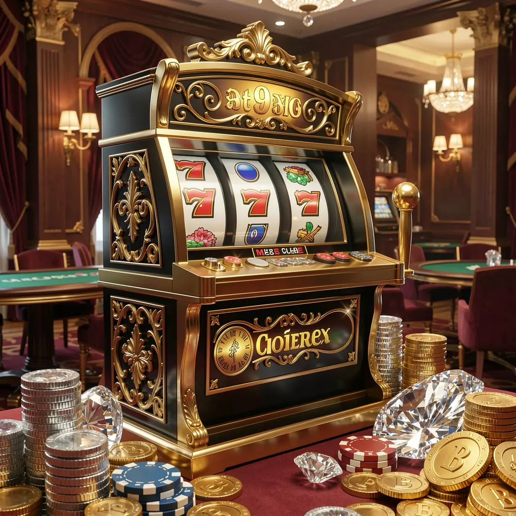 Elegant black and gold slot machine with triple sevens and casino chips symbolizing premium slot gameplay at JK32my Malaysia